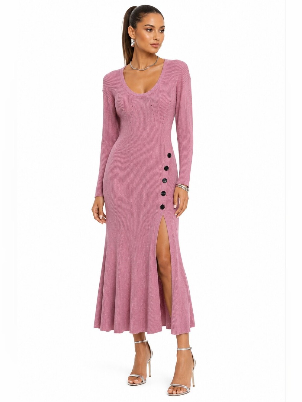NWT Self-Portrait Pink Lurex Rib Knit Midi Dress Wool Blend Fluted Hem L